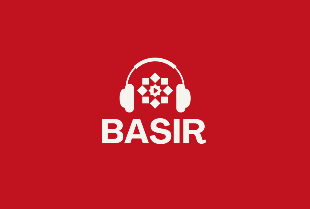 Solid red corporate logo of BASIR showing white modern lettering accompanied by a traditional headphone icon inside a circular gear graphic.