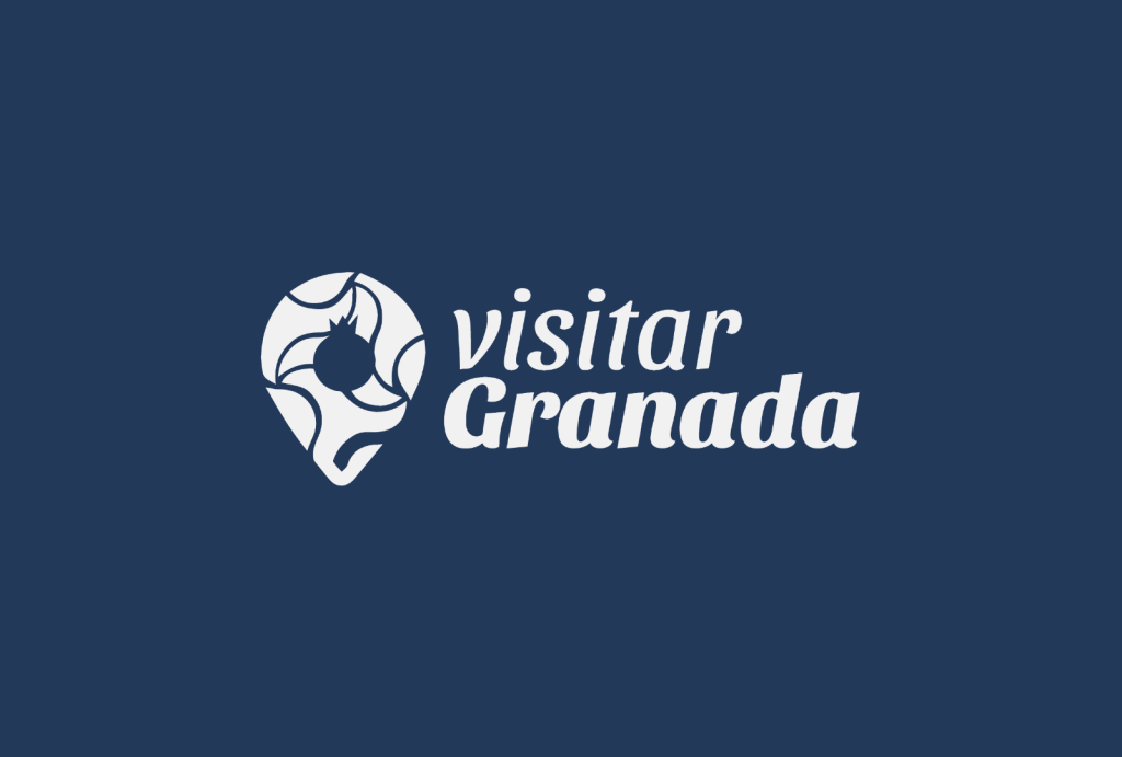 Official regional tourism brand logo for Visitar Granada featuring an elegant white pomegranate outline icon over a dark corporate blue background.