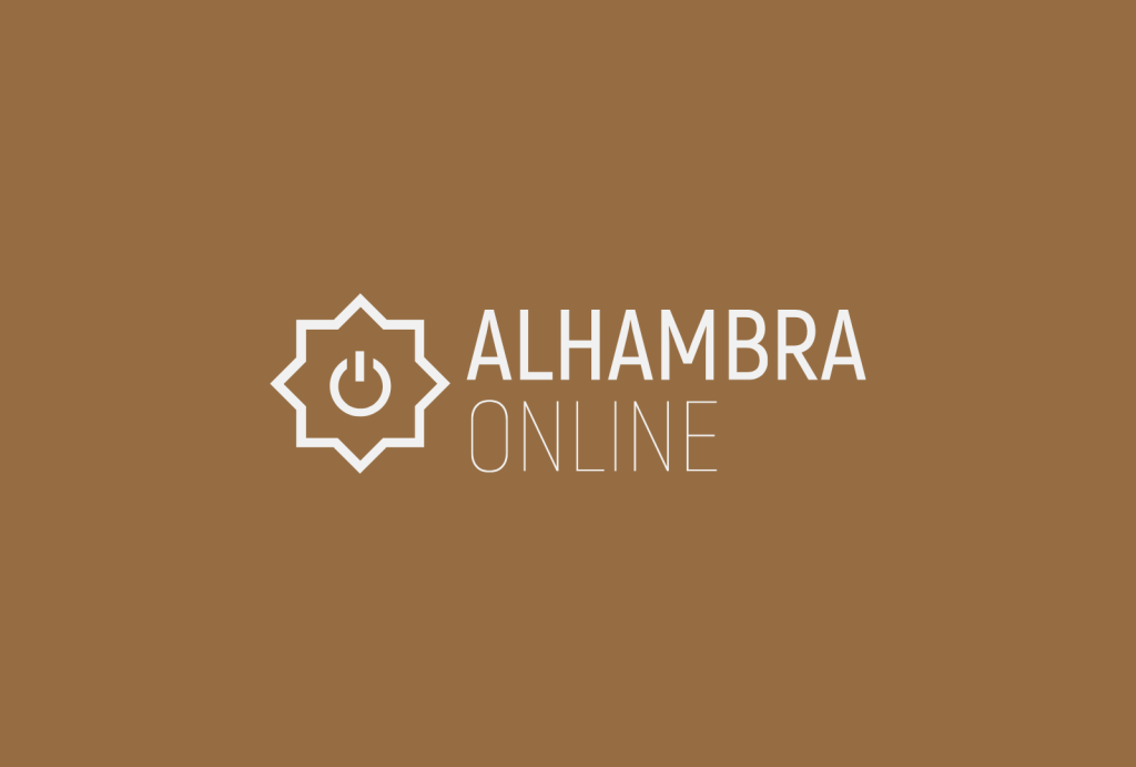 Official digital product logo of Alhambra Online showing clean white branding text and a digital power symbol icon over a solid earth-brown background.