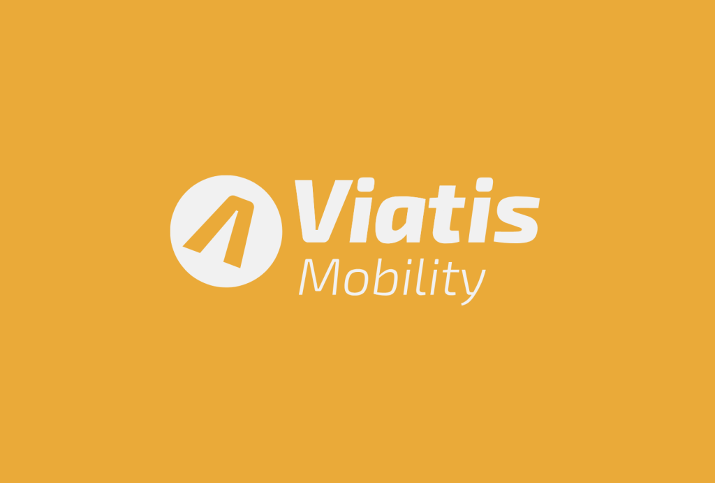 Corporate brand logo of Viatis Mobility showcasing clean white lettering and a diagonal abstract arrows icon over a bright golden yellow background.