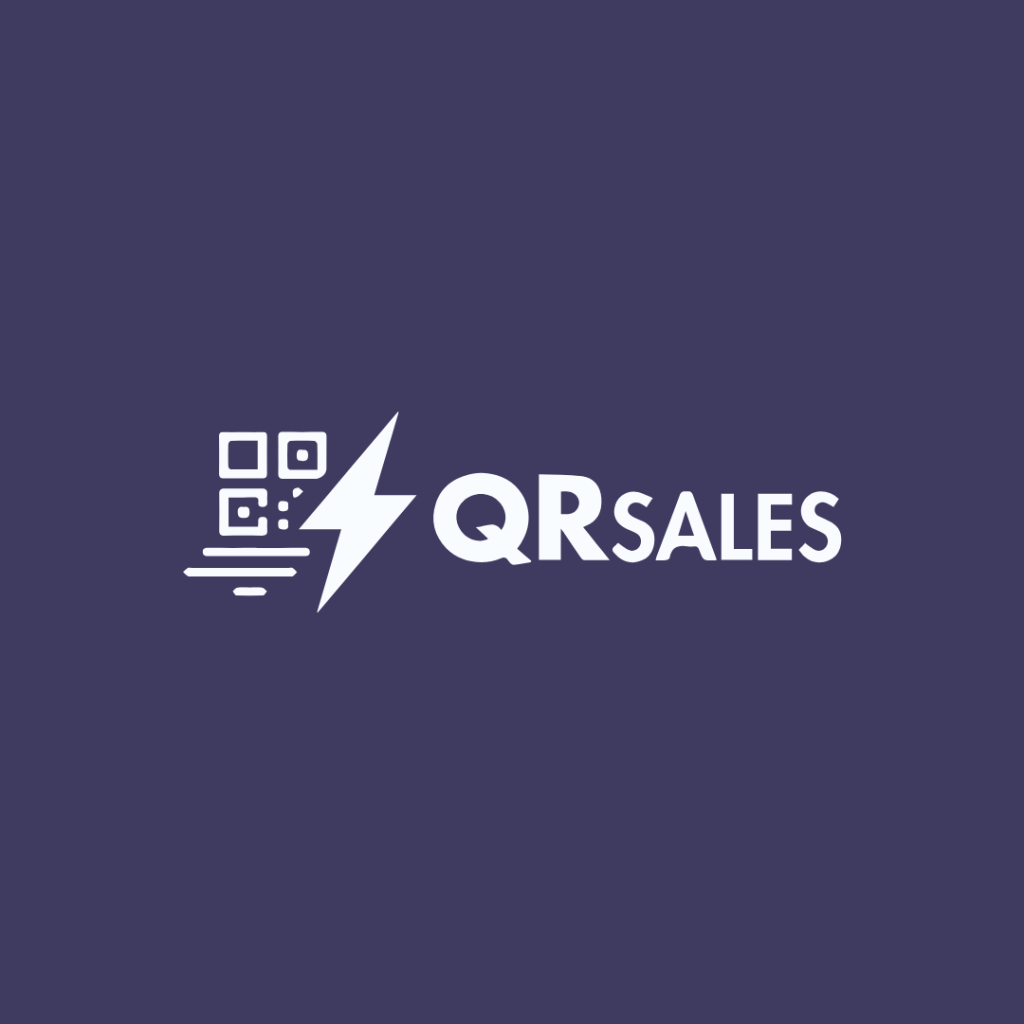 Official corporate logo of QRSALES showing clean white typography and a digital QR code icon over a solid deep purple background.