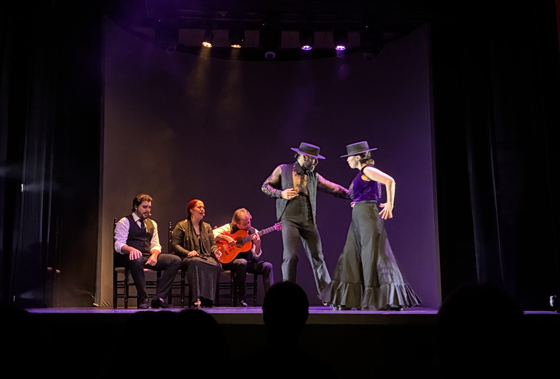 Una pareja de bailaores con sombrero cordobés ejecuta una coreografía sobre un escenario iluminado, acompañados al fondo por un guitarrista y cantaores de flamenco.