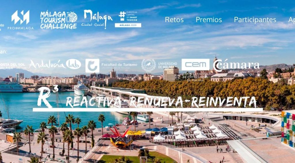 Banner promocional del Málaga Tourism Challenge con panorámica del puerto de Málaga y logotipos de colaboradores institucionales.