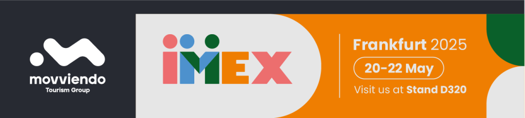 Banner oficial anunciando la presencia del stand D320 en IMEX 2025 Frankfurt – Movviendo Tourism Group.