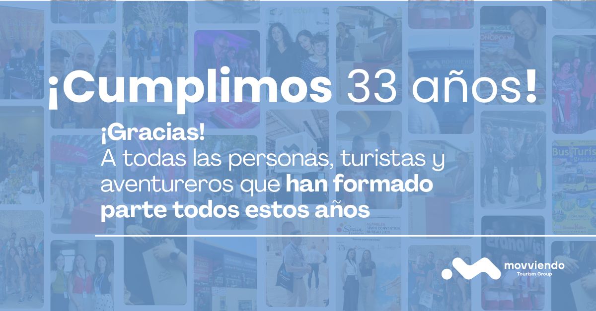 Banner con collage de fotografías y mensaje de celebración del 33 aniversario de Movviendo Tourism Group