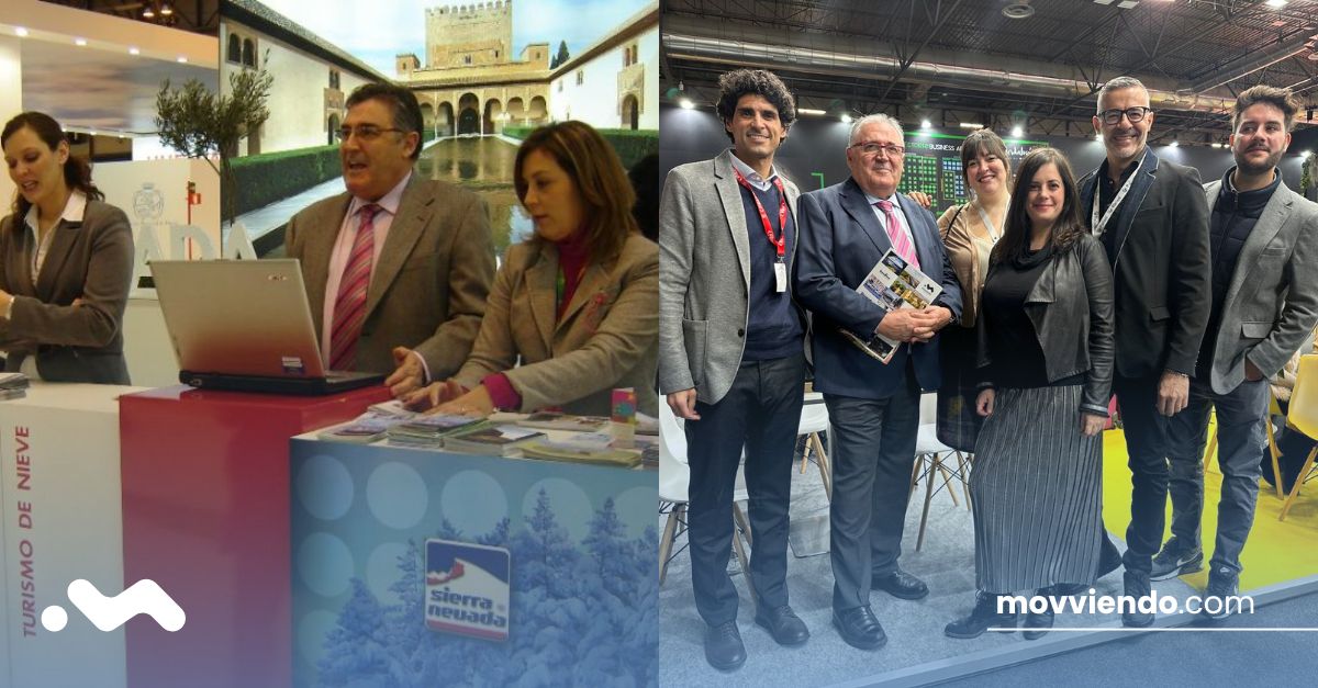 Personas de Movviendo Tourism Group atendiendo un stand promocional y grupo posando en una feria o evento turístico.