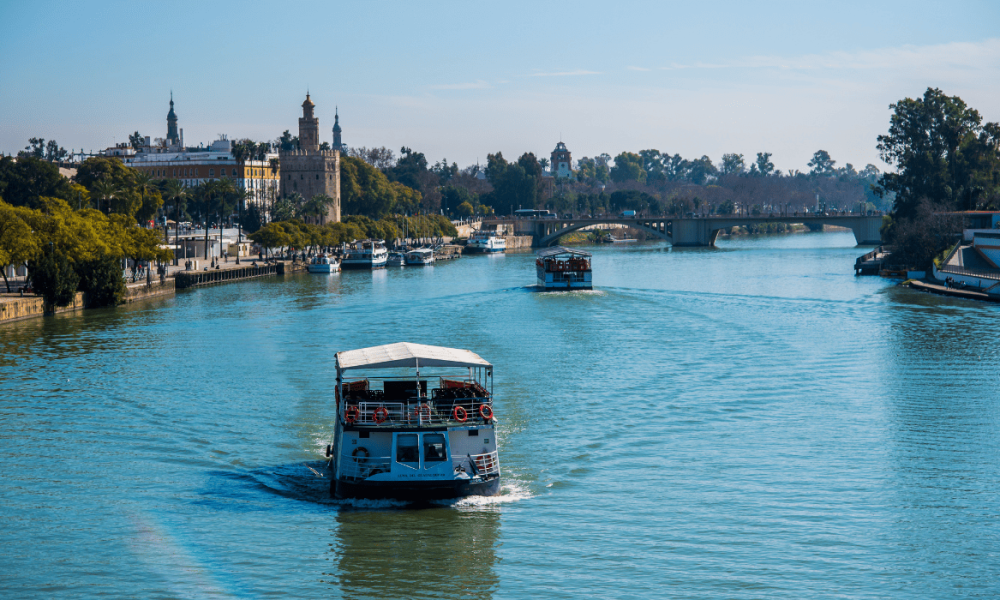 Un barco turístico navega por aguas azules tranquilas cerca de una costa con edificaciones al fondo.